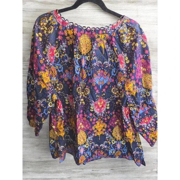 Talbots Top Plus Size 2X XX Blue Floral Scalloped  Shirt Blouse Bohemian Peasant - Picture 2 of 7